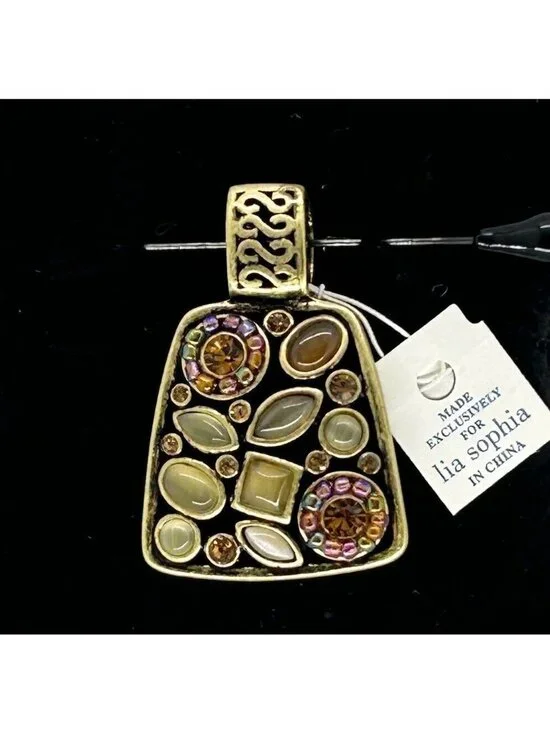 Lia Sophia Tapestry Slide Pendant Antique Gold Tone Gemstone Crystal Boho Ornate - Picture 3 of 7